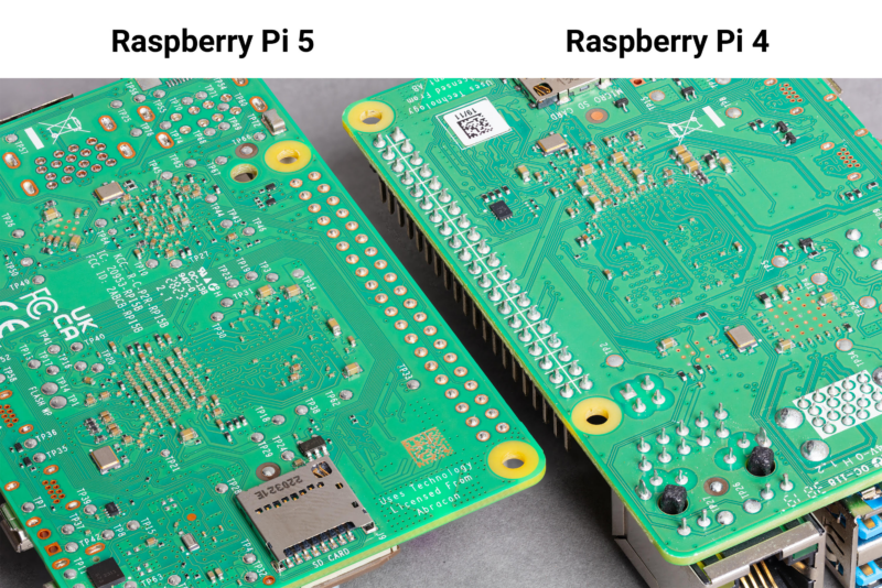 Порівняння одноплатників Raspberry Pi 5 і Raspberry Pi 4 з DIP-компонентами, встановленими різними способами